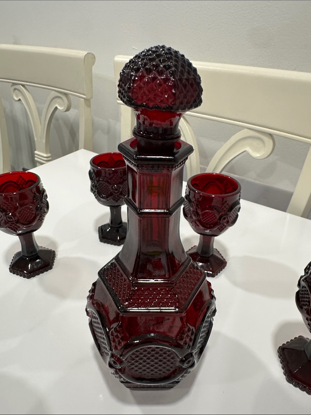 Avon Ruby Red Pressed Glass Decanter and Goblet Set
